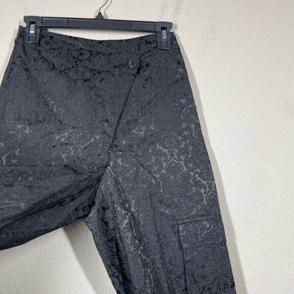 Cider XS Asymmetric Button Floral Brocade Wide Leg Cargo Pockets Pants Black - Picture 5 of 9